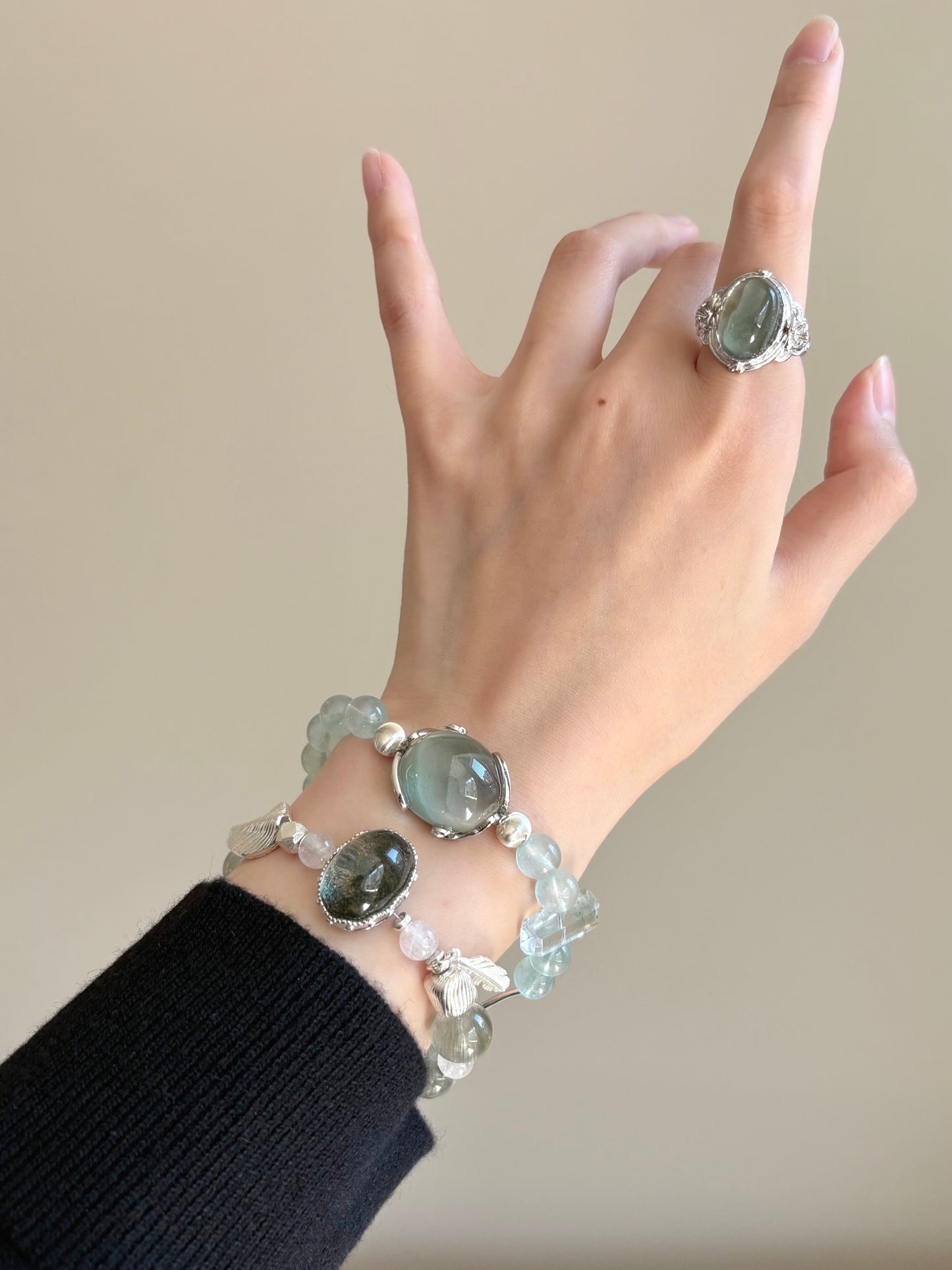 Green Phantom Quartz Cabochon, Rabbit Hair Quartz(10mm+) & Aquamarine(7mm+) Bracelet