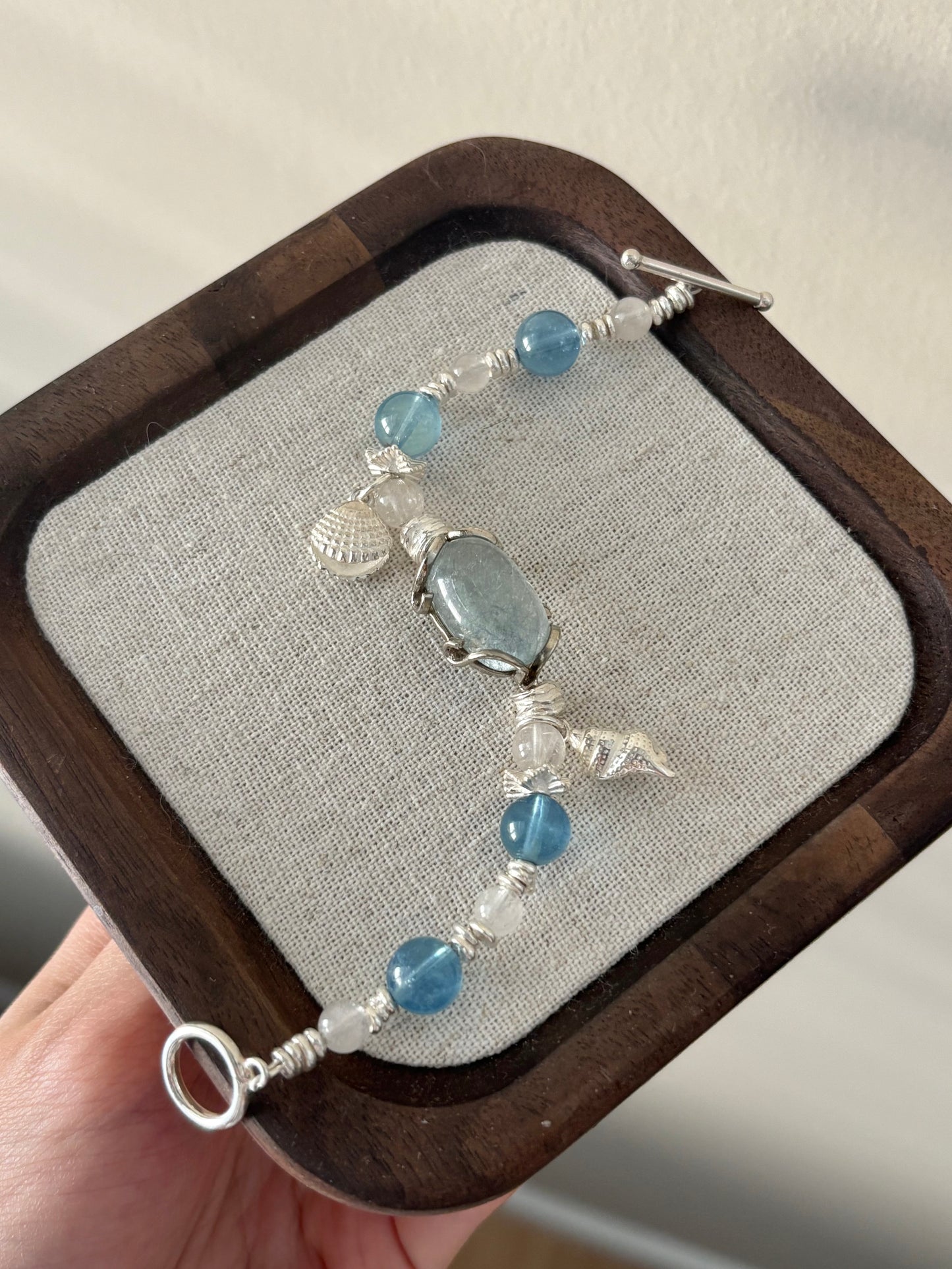 Blue Rabbit Hair Quartz Cabochon, White Rabbit Hair(6mm) & Aquamarine(8mm) — Silver Design