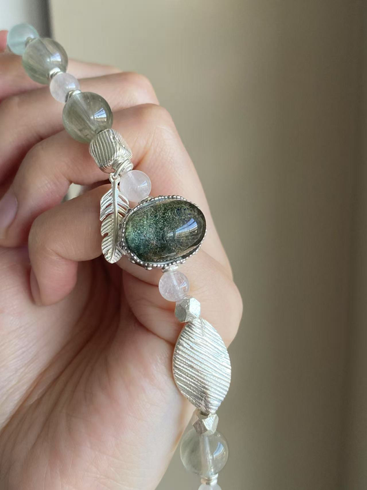 Green Phantom Quartz Cabochon, Rabbit Hair Quartz(10mm+) & Aquamarine(7mm+) Bracelet