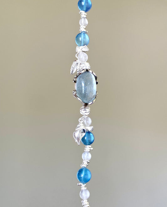 Blue Rabbit Hair Quartz Cabochon, White Rabbit Hair(6mm) & Aquamarine(8mm) — Silver Design